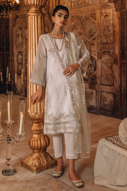 NAQSHI Afrin snow white angrakha style A-line outfit with silver embroidery, straight pants, and organza dupatta