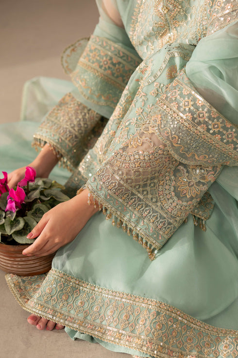 NAQSHI Maiza showing fluid organza shirt silhouette, side-slit sequin body detailing, crystal-droplet hangings on sleeves and matching sharara cutline.
