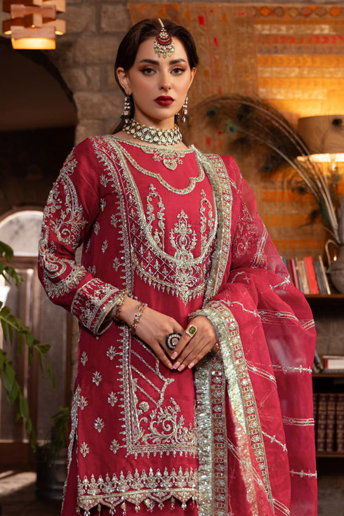 Naqshi Nehal organza dupatta draped to highlight diagonal line pattern, applique contrast pallu, four‑sided embroidered border, and kiran lace edging.