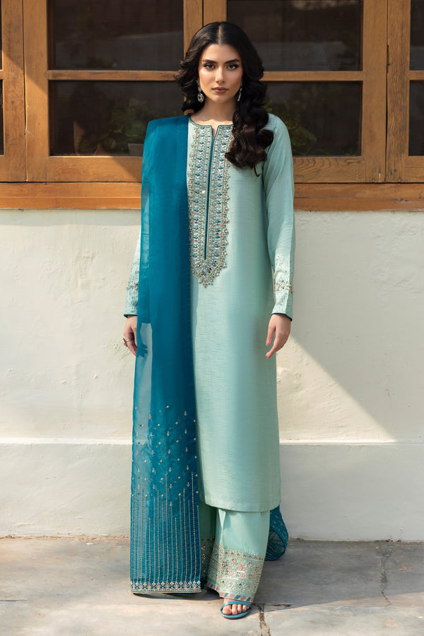 NAQSHI Tania aqua‑teal raw‑silk straight‑cut shirt with boat neckline and sleeves adorned in adda embroidery—kora, dabka, sitara, crystals & teal piping.