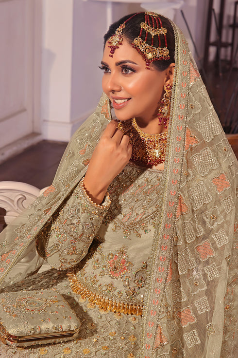 Macro view of Navreet lehenga featuring full sequin jaal, dense sequin embroidery, scalloped hem and sheer net overlay