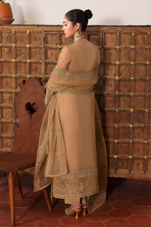 Rear of NAQSHI Marjaan shirt revealing extended embroidery border across back, crystal hangings on hem and organza's delicate texture.