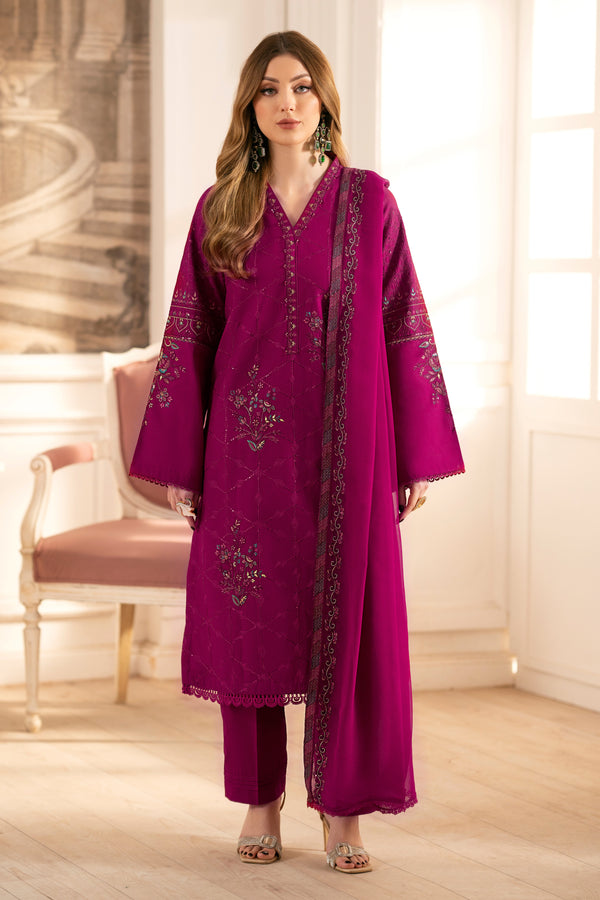 NAQSHI Hira rose‑pink cambric straight shirt featuring heavy beaded embroidered neckline, lace‑trim hem and matching pleated cambric trousers