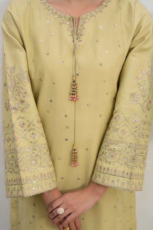 Close-up of NAQSHI Neha sleeve highlighting intricate embroidery and tilla-lace details