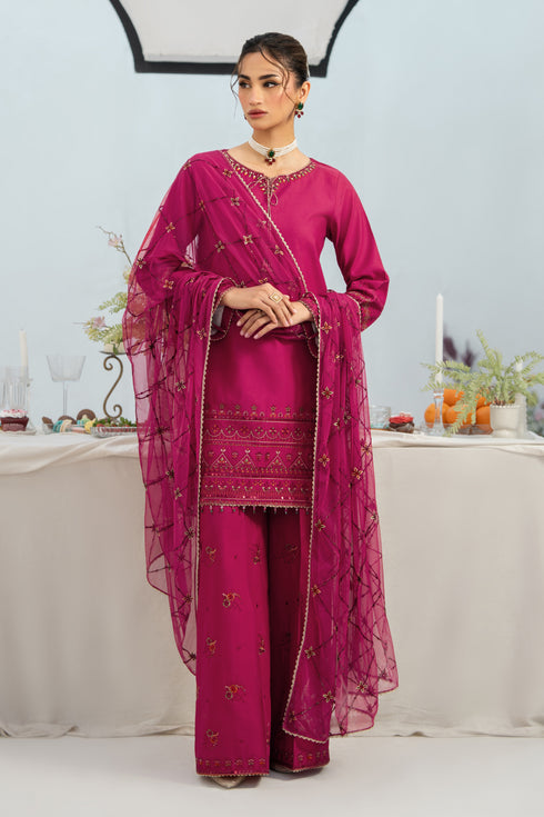 NAQSHI Lashkara net dupatta draped to display geometric embroidery and four-sided tilla-lace border