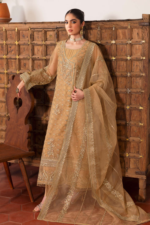 NAQSHI Marjaan warm‑beige organza angrakha shirt with all‑over floral embroidery, shimmering sequin texture, crystal hanging tassel on front and plain PK silk culottes.
