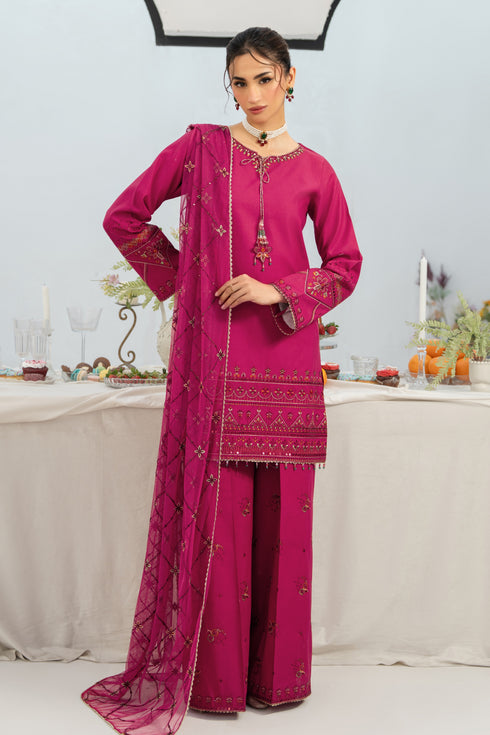 Front view of NAQSHI Lashkara shocking pink short lawn shirt with round embroidered neckline, adda embroidery, tassels & lace hem