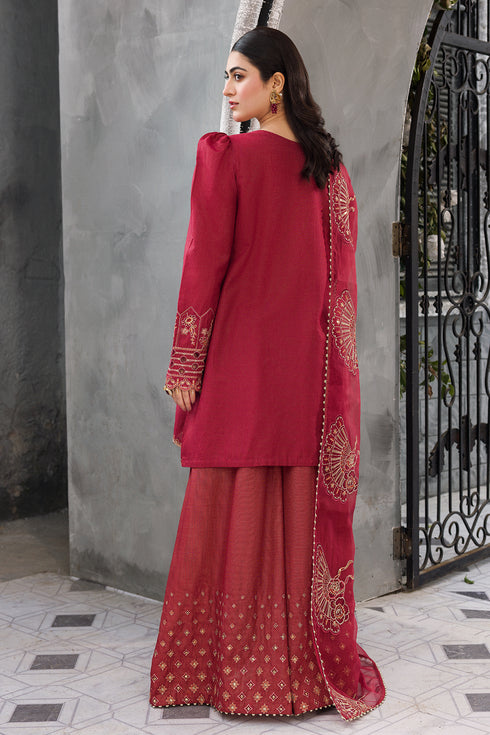 Back side view of Gajra red sharara dress showing dupatta drape and shirt fall