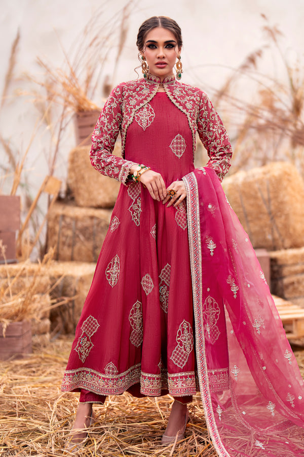Naqshi Samar carrot raw‑silk paneled frock with open jacket covered in heavy hand‑adda jall embroidery, crystal embellishments, floral-geometric motifs, paired with straight PK raw‑silk trousers and organza dupatta.