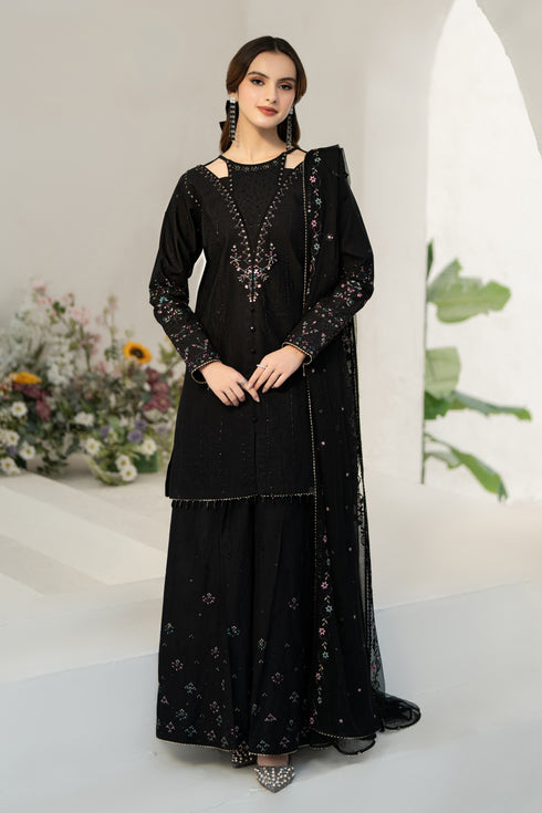 Front view of NAQSHI Janvi black Pima lawn frock featuring a keyhole neckline with embroidery and adda-work detailing