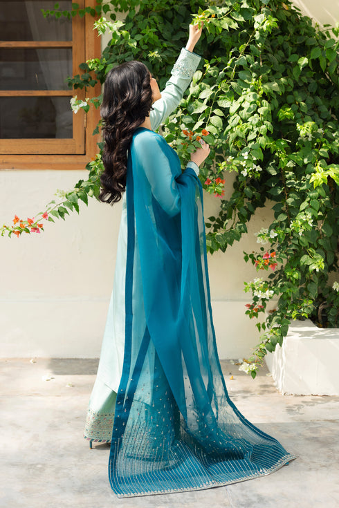 NAQSHI Tania teal organza dupatta draped to display machine‑embroidered borders, sequin spray along pallu edges and textural line embroidery.
