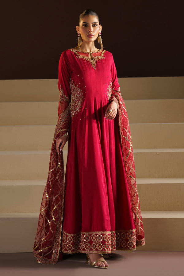 NAQSHI VANI red raw silk paneled frock with embroidered neckline, fitted sleeves and net dupatta formal ready to wear dress