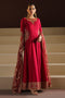 NAQSHI VANI red raw silk paneled frock with embroidered neckline, fitted sleeves and net dupatta formal ready to wear dress