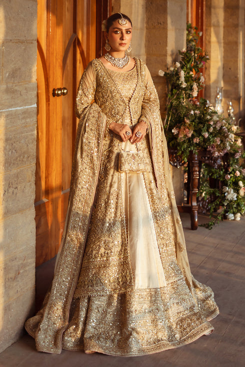 NAQSHI Roshan Ara skin‑gold net gown front view with heavy hand‑adda naqshi, dabka, sitara, stone and crystal work, paired with tissue lehenga and embellished dupatta.