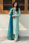Model wearing full NAQSHI Tania 3PC: aqua‑teal raw‑silk shirt with detailed adda neckline, embroidered culottes and contrasting teal organza dupatta.