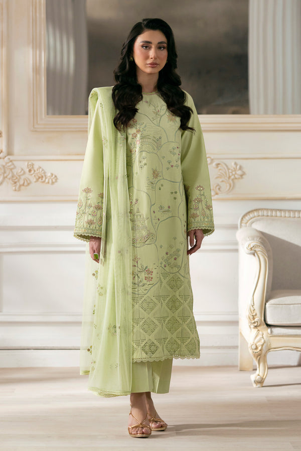 NAQSHI Sitara pistachio cambric straight shirt with heavily embroidered round neckline, sequined and lace‑trimmed hem and sleeves, matched with cambric pants