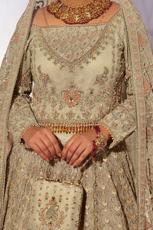 Macro view of Navreet lehenga featuring full sequin jaal, dense sequin embroidery, scalloped hem and sheer net overlay