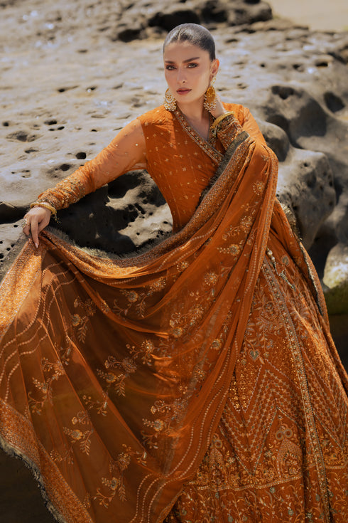 Detailed shot of NAQSHI Tianaa frock bodice featuring mini motif spray, textured embroidery, Mughal-inspired compositions and geometric patterns on rust net.