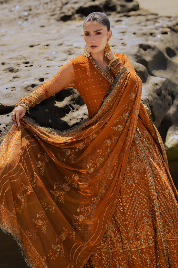 Detailed shot of NAQSHI Tianaa frock bodice featuring mini motif spray, textured embroidery, Mughal-inspired compositions and geometric patterns on rust net.