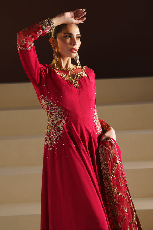 Three quarter pose of NAQSHI VANI dress showing fitted sleeves with embroidered organza borders
