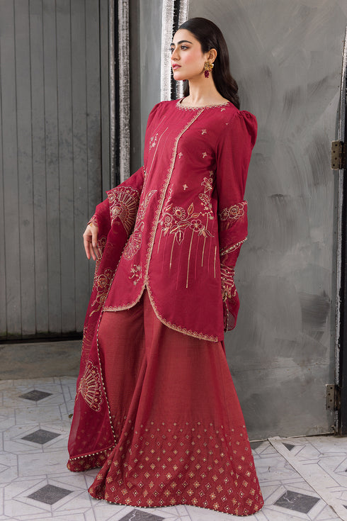 Three quarter angle of Gajra festive red outfit highlighting dupatta border and sleeve embroidery