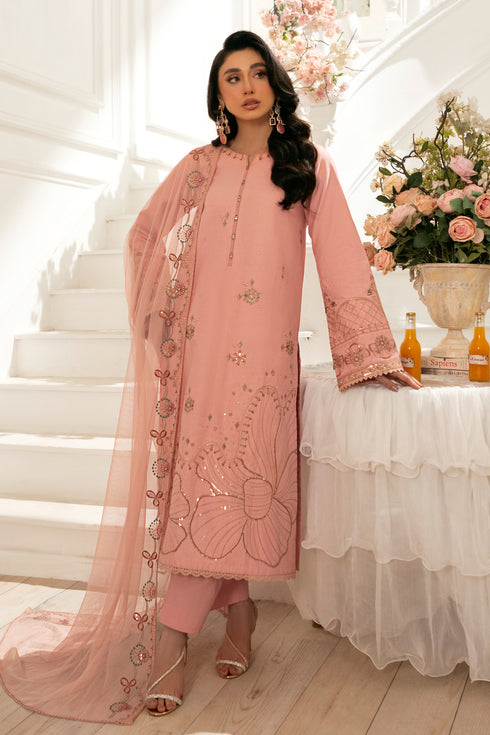 Detailed close‑up of NAQSHI Chamak sleeve border featuring floral embroidery with sequin highlights on soft cambric