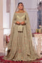 Naqshi Navreet beige net choli with square neckline decorated in crystal slings and heavy naqshi-dabka embroidery, paired with sequin jaal lehenga, matching dupatta, and structured pouch.