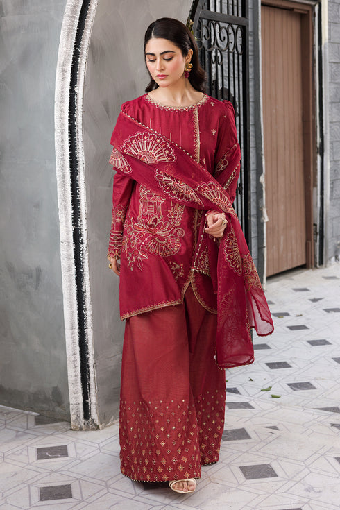 Walking pose showing complete Gajra sharara dress silhouette and organza dupatta flow