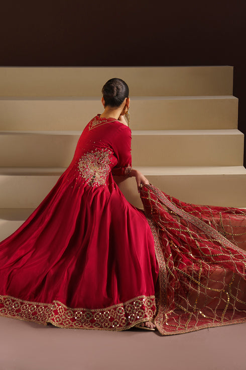 Full flare shot of NAQSHI VANI paneled frock showing wide fall and embroidered dupatta pallu