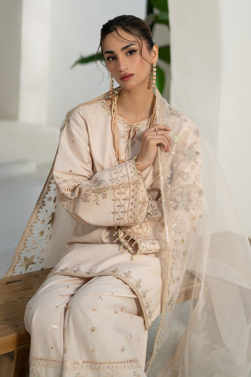 NAQSHI Soni organza dupatta draped, showcasing lace-edged border and subtle embroidery
