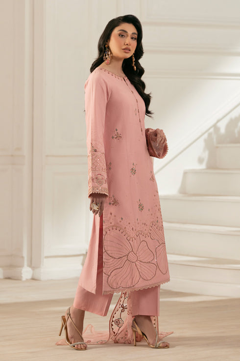 Side view of NAQSHI Chamak showcasing embroidered and sequin‑adorned sleeve border, lace‑finished hem and fluid drape of cambric fabric