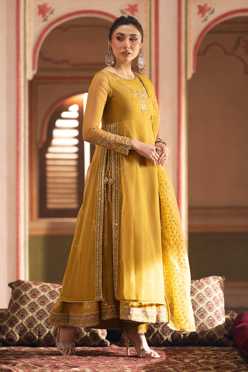 Raw-silk printed frock lower layer with 3‑inch decorative border, shown alongside straight trousers.