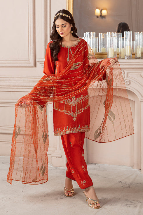 Walking pose of Syara festive outfit highlighting balanced shirt embroidery and neat silhouette, traditional ready to wear attire.