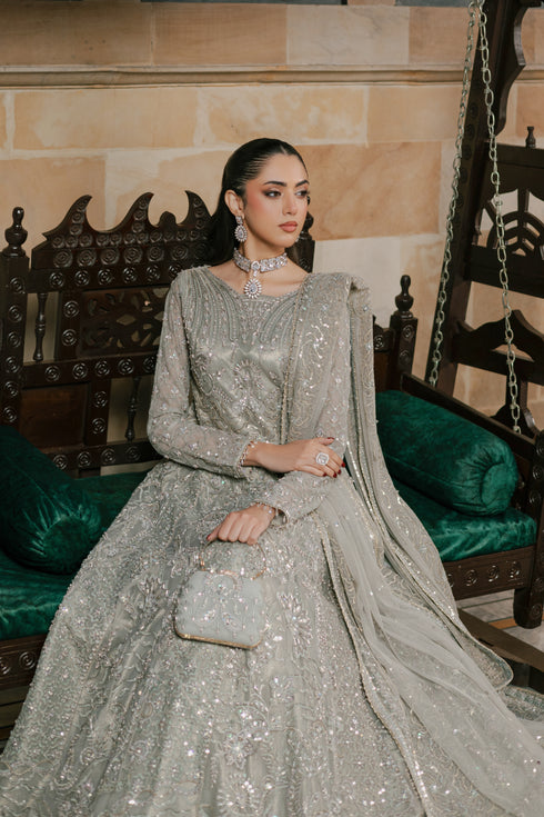 Model wearing full NAQSHI Arminha 4PC set: silver-grey hand-embellished net maxi frock, straight PK raw silk pants and coordinating embroidered net dupatta for regal formal look.