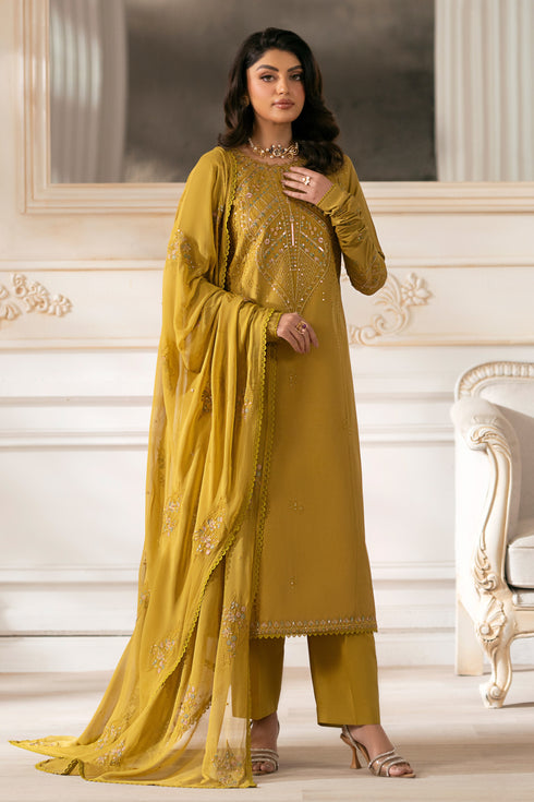 NAQSHI Nageena mustard cambric straight‑cut shirt featuring a round embroidered neckline, lace‑finished hem, and coordinating straight pants