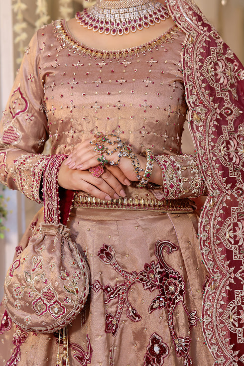 Model styled in full Naqshi Anamta bridal set: embellished tissue choli, floral lehenga with velvet border, and ornate dupatta for wedding glamour.