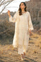 NAQSHI Meehru off white 3PC ready to wear embroidered lawn suit with open gown style shirt, cambric culottes and net dupatta for semi formal events
