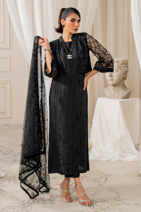 Naqshi siara black raw‑silk straight shirt with matching geometic embroidered net cropped jacket, crystal and bead hangings, paired with straight pants and sequin dupatta.