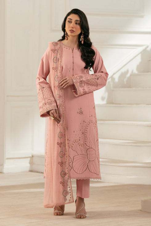 NAQSHI Chamak net dupatta draped elegantly with embroidered lengthwise border and lace‑edged pallu in soft pink
