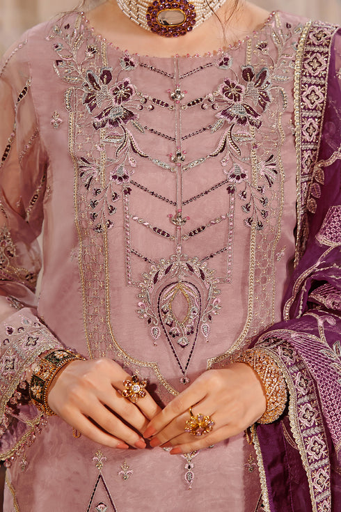 Close-up of NAQSHI Abeer shirt neckline showing crystal and stone work with detailed embroidery on organza fabric