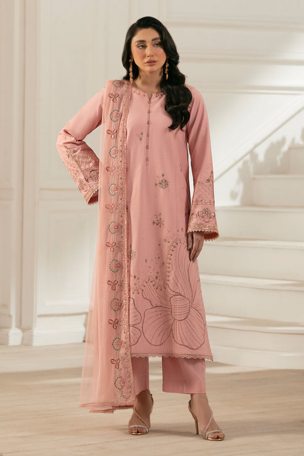 NAQSHI Chamak front: light‑pink straight‑cut cambric shirt with round neckline, subtle front slits and unique handmade buttons paired with straight cambric pants