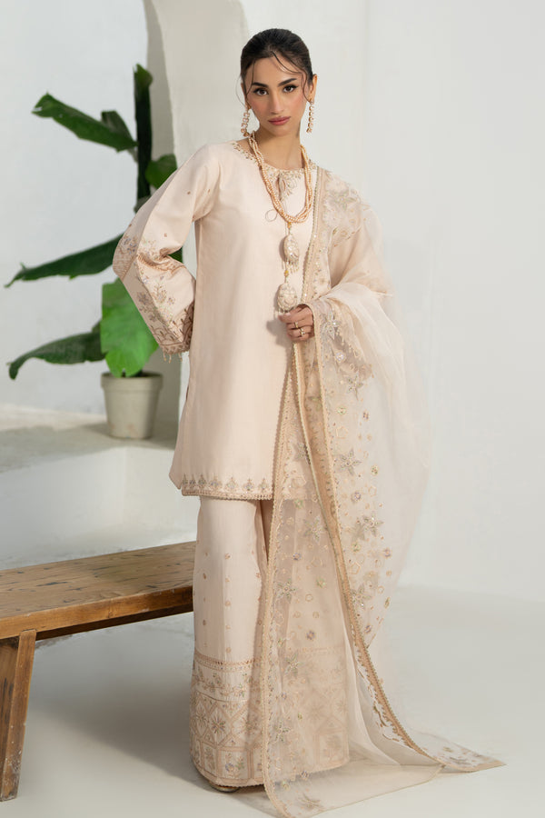 Front view of NAQSHI Soni beige Pima lawn shirt with embroidered V-slit neckline, tassel ties & lace-trim hem