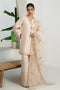 Front view of NAQSHI Soni beige Pima lawn shirt with embroidered V-slit neckline, tassel ties & lace-trim hem