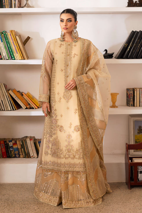 Model wearing full NAQSHI Marve outfit: straight organza shirt with boat neckline, floral sequin sharara, crystal tassels and monochrome embroidered dupatta for coordinated formal look.