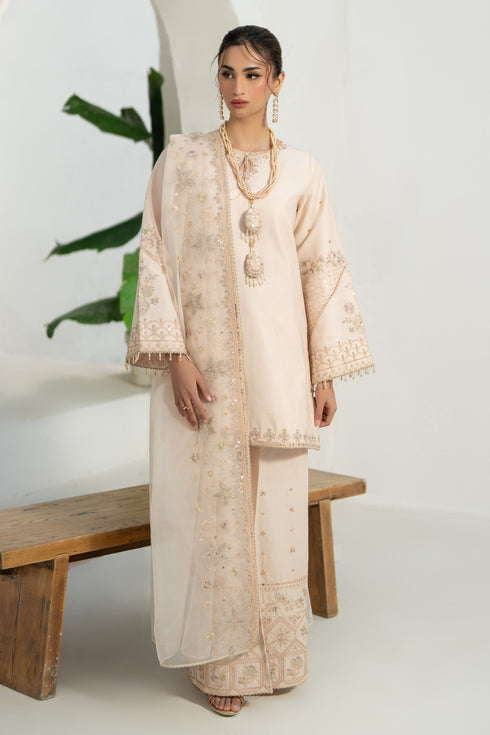 Front view of NAQSHI Soni pleated cambric culottes with embroidery at hem