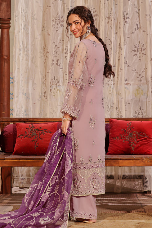 NAQSHI Abeer light purple ready-to-wear outfit with long organza shirt, embroidered culottes, and contrasting purple dupatta for formal occasions