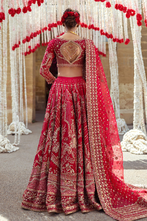 Rear view of NAQSHI Qurbat choli highlighting handmade crystal tassels at back neckline and rich hand-adda embroidery across bodice.