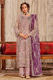 Full front view of NAQSHI Abeer outfit showing straight organza shirt, detailed embroidery, and purple dupatta styling