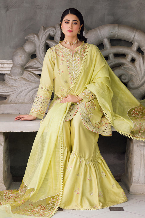 Seated pose showing Sophie pistachio festive outfit embroidery and dupatta border detailing