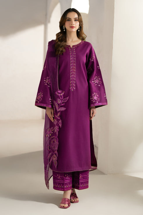 Front view of NAQSHI Tamana plum Pima lawn shirt with embroidered round neckline, adda button placket & lace-trim sleeves